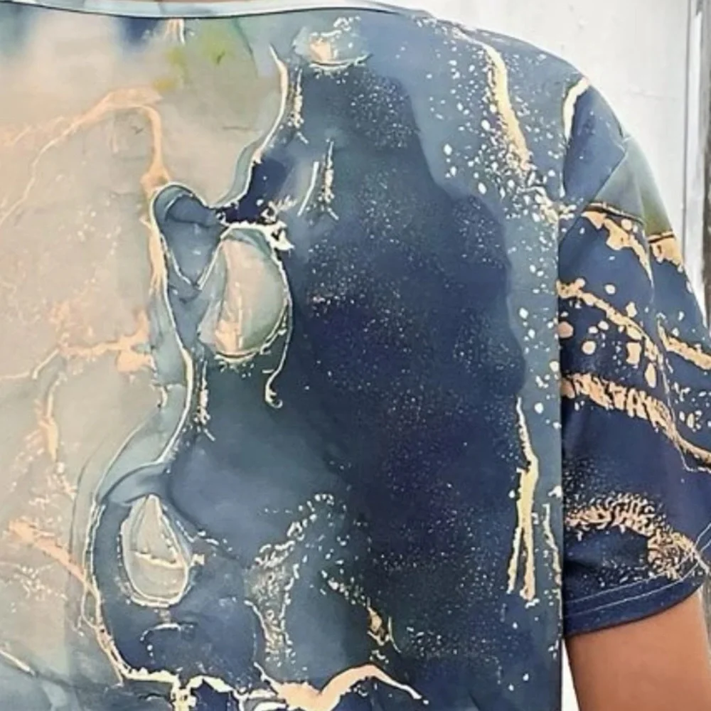 MARBLE PRINT ASYMMETRICAL NECKLINE PRINT TEE - Picture 3 of 5